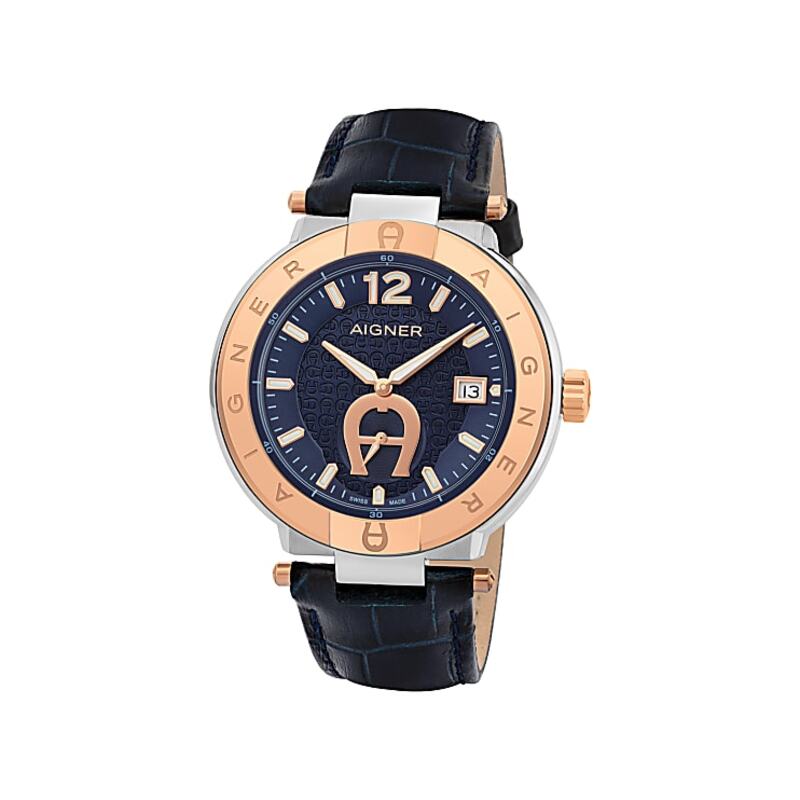 Aigner Analog Watch for Men with Leather Genuine Band, A133107, Dark Blue-Dark Blue