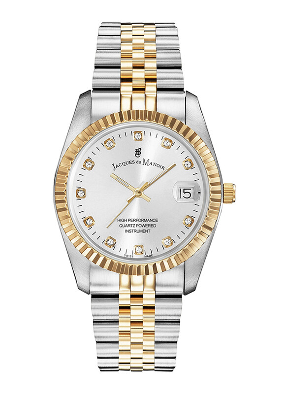 

Jacques Du Manoir Inspiration Analog Watch for Women with Stainless Steel Band, Water Resistant, NRO.07, White-Silver-Gold