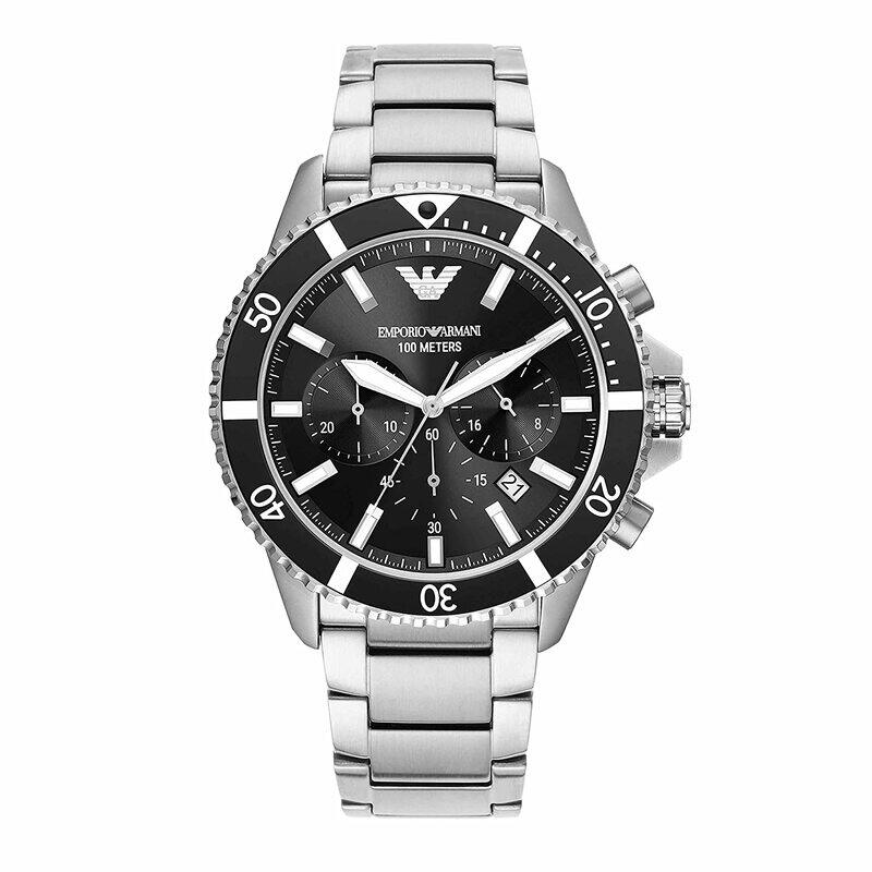 

Emporio Armani Analog Quartz Watch for Men with Stainless Steel Buckle, Water Resistant with Chronograph, AR11360, Silver-Black