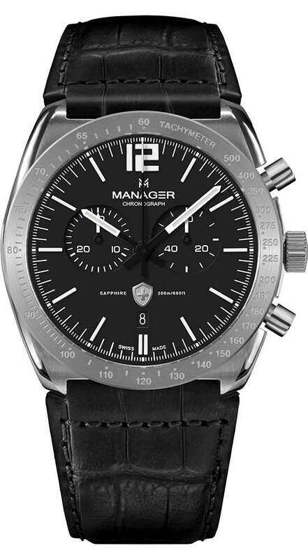 

Manager Analog Watch for Men with Leather Genuine Band, MAN-MA-01-SL, Black-Black