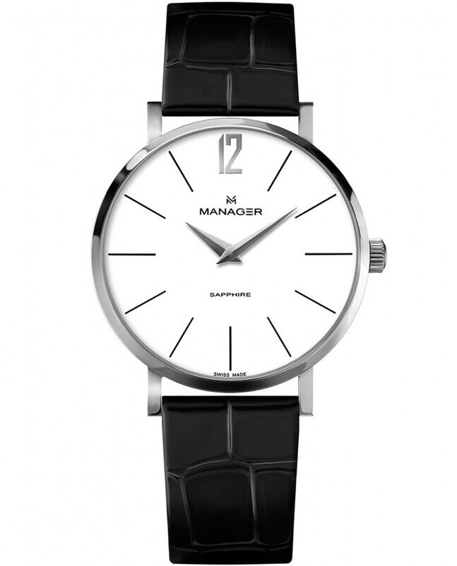 

Manager Analog Watch for Women with Leather Genuine Band, MAN-PS-03-SL, Black-White/Silver