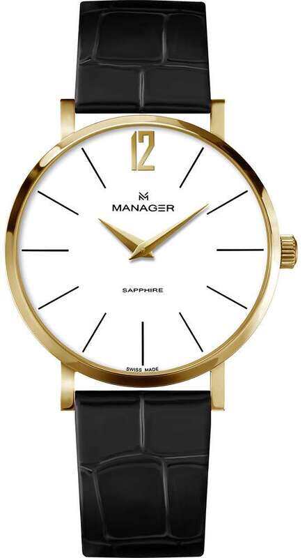 

Manager Analog Watch for Men with Leather Genuine Band, MAN-PS-03-GL, Black-White