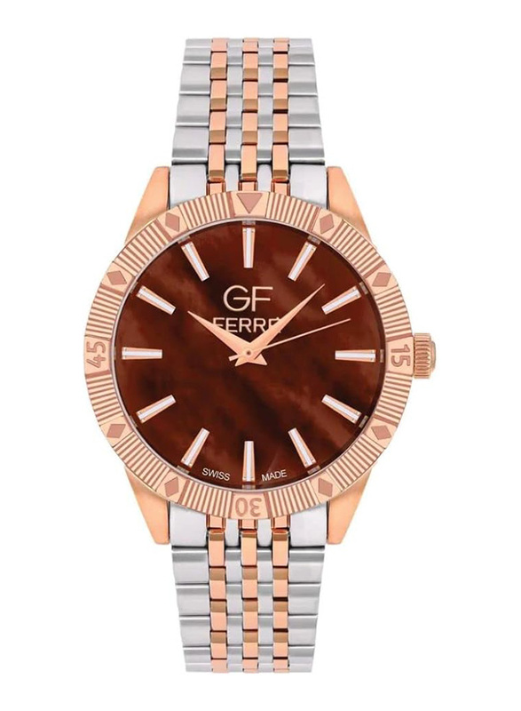 GF Ferre Wrist Watch for Men with Band, Water Resistant, GFTRBN8104G, Silver/Rose Gold-Brown