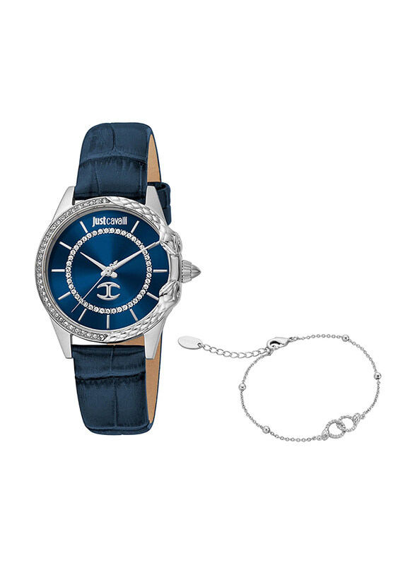 

Just Cavalli Analog Watch for Women with Leather Band, Water Resistant, JC1L095L0215, Blue-Blue