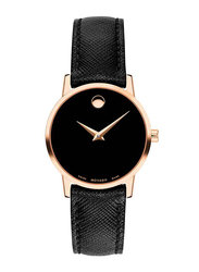 Movado Analog Quartz Watch for Women with Leather Band, Water Resistant, 24323376, Black