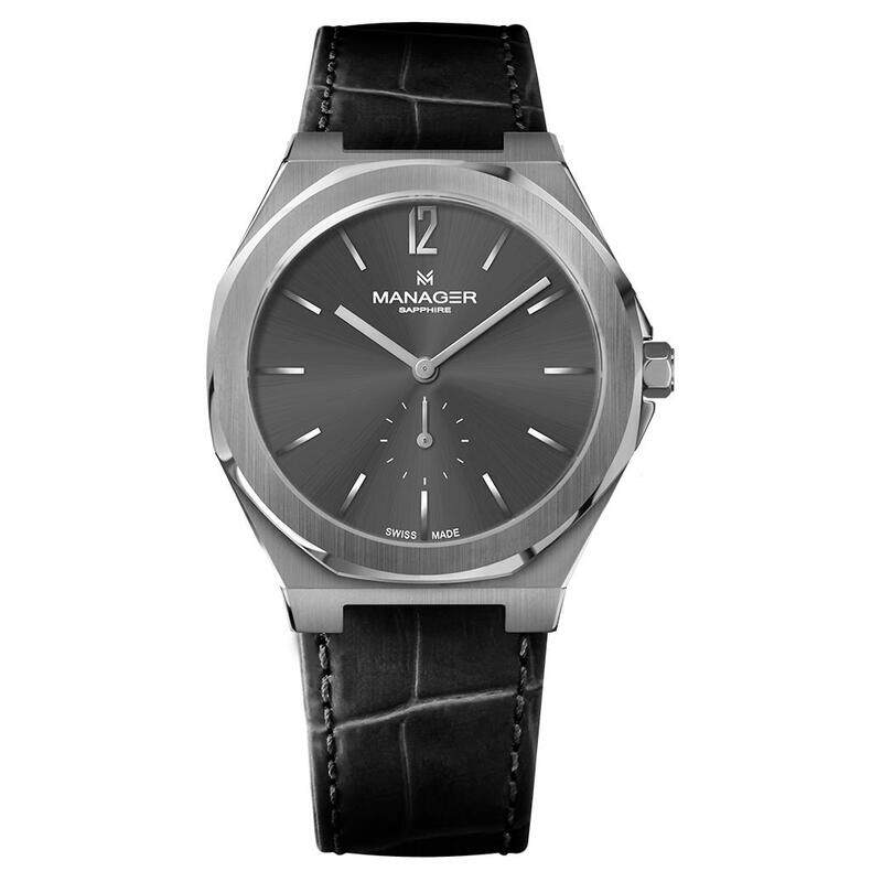 

Manager Analog Watch for Men with Leather Genuine Band, MAN-RP-02-SL, Black-Grey