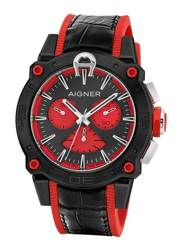 Aigner Turin Wrist Watch for Men with Leather Band, Water Resistant & Chronograph, M A149103, Black-Red