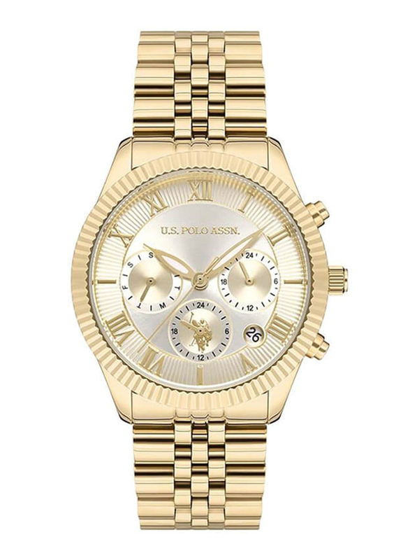 Polo Beverlly Hills Analog Wrist Watch for Women with Stainless Steel Band, Water Resistant and Chronograph, USPA2040-04, Gold-White