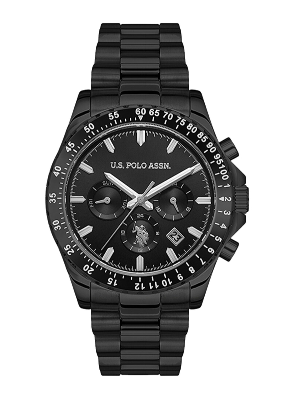 US Polo Assn. Analog Watch for Men with Stainless Steel Band, Water Resistant and Chronograph, Uspa1052-07, Black