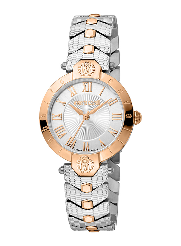 Roberto Cavalli By Fr. Muller Analog Watch for Women with Stainless Steel Band, Water Resistant, RV1L166M0091, Silver/Rose Gold-White