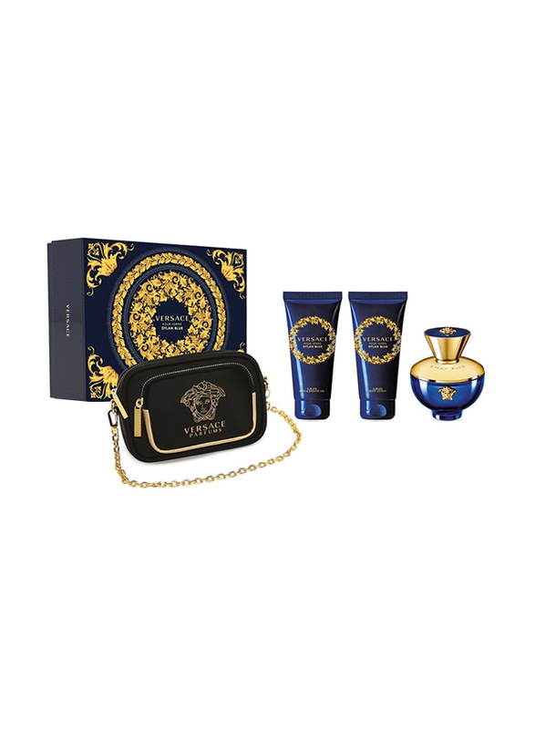 Versace 4-Piece Pour Femme Dylan Blue Gift Set for Women, 100ml EDP, 100ml Shower Gel, 100ml Body Lotion, Bag