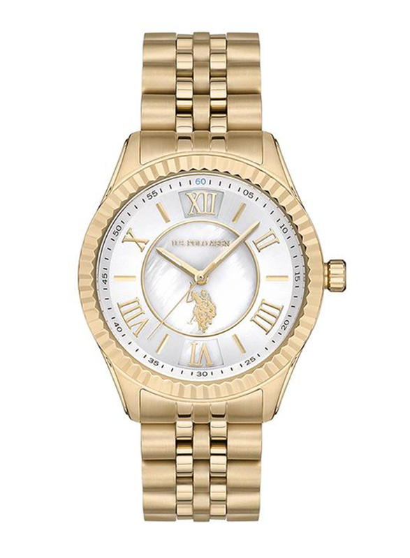 Polo Beverlly Hills Analog Wrist Watch for Women with Stainless Steel Band, Water Resistant, USPA2028-03, Gold-White