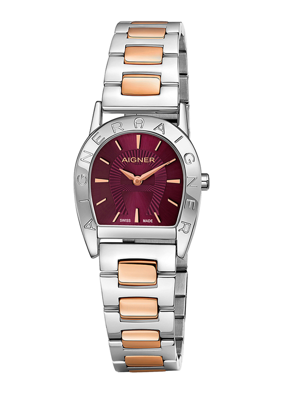 Aigner Pisa Analog Watch for Women with Stainless Steel Band, Water Resistant, ARWLG0000601, Silver/Rose Gold-Burgundy