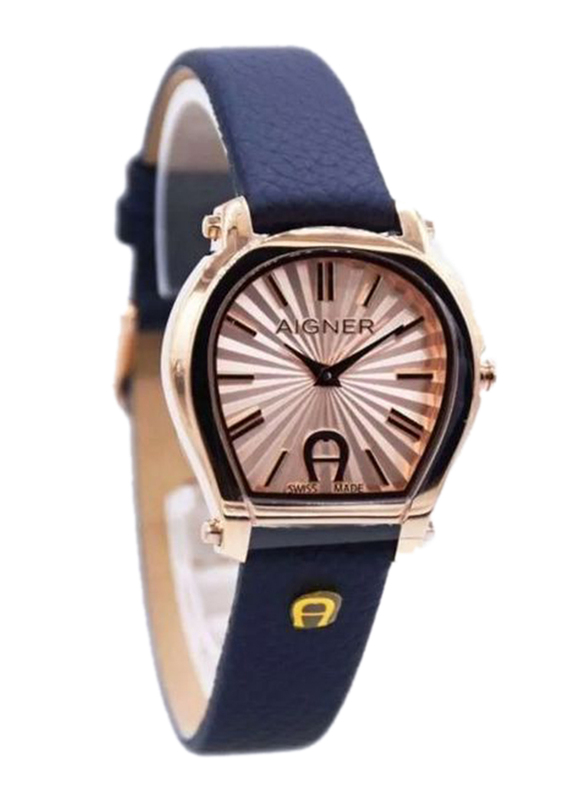 Aigner Pavia Wrist Watch for Women with Leather Band, Water Resistant, ARWLA2200112, Blue-Rose Gold