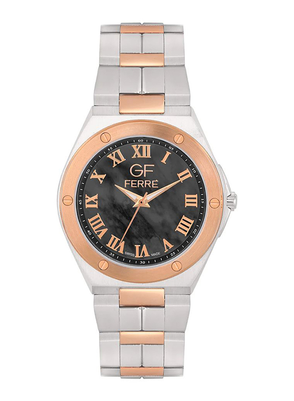 GF Ferre Wrist Watch for Women with Band, Water Resistant, GFSSB8080G, Silver/Rose Gold-Black