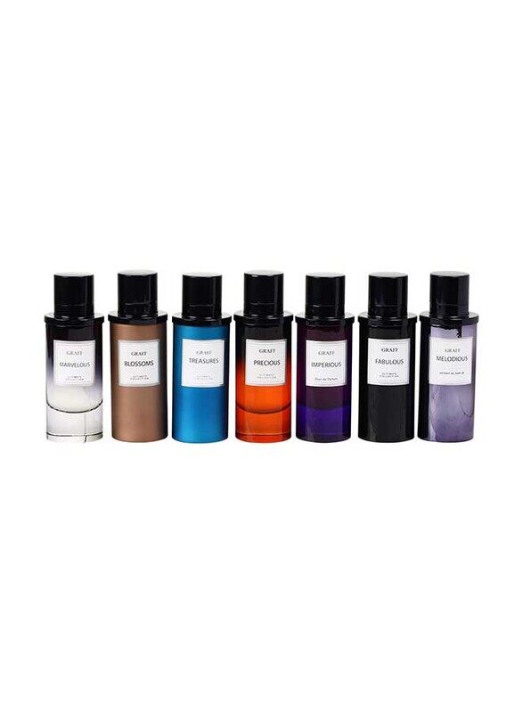 

Graff 7-Piece Ultimate Collection Box Perfume Set Unisex, Marvelous 80ml, Blossoms 80ml, Treasures 80ml, Precious 80ml, Imperious 80ml, Fabulous 80ml,