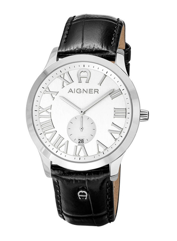 Aigner Analog Watch for Men with Leather Band, Water Resistant, A44123, Black-Silver