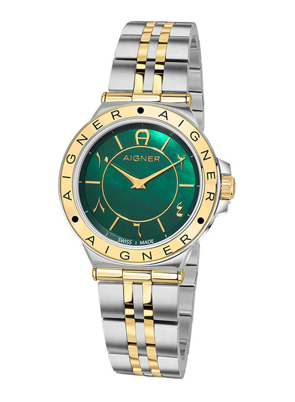Aigner Fashion Analog Watch for Women with Stainless Steel Band, Water Resistant, A141209, Green-Gold-Silver