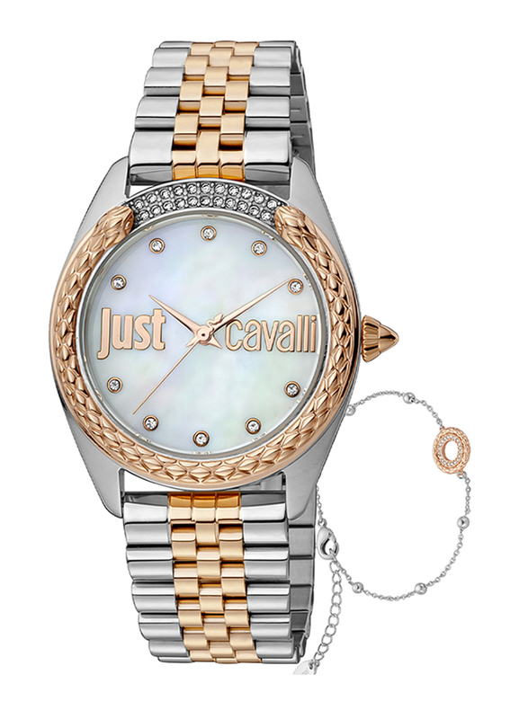 Just Cavalli Analog Watch for Women with Stainless Steel Band, Water Resistant, JC1L195M0115, Silver/Gold-White