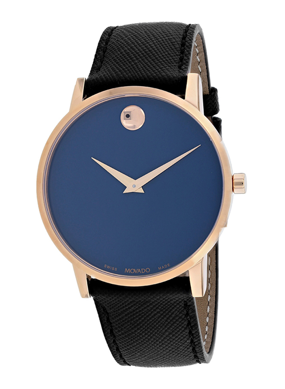 Movado Analog Watch for Men with Leather Band, 7613270000000, Black-Blue