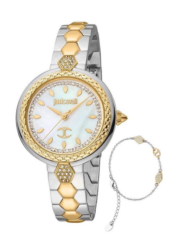 Just Cavalli Analog Watch for Women with Stainless Steel Band, Water Resistant, JC1L205M0085, Silver/Gold-White