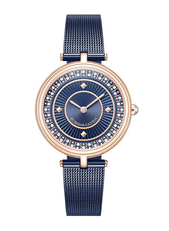

Bcbgmaxazria Goldtone Glitz Analog Watch for Women with Stainless Steel Mesh Band, Water Resistant, BAWLG0000702, Navy Blue-Black