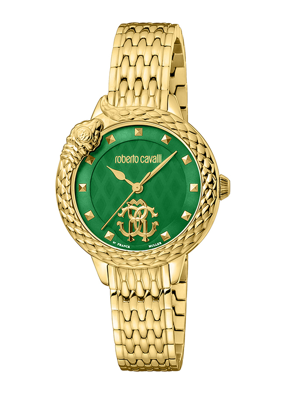 Roberto Cavalli Analog Watch for Women with Stainless Steel Band, Water Resistant, RV1L178M0071, Gold-Green