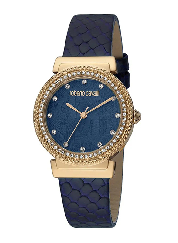 Roberto Cavalli Glam Analog Watch for Women with Leather Band, Water Resistant, RC5L039L0035, Blue