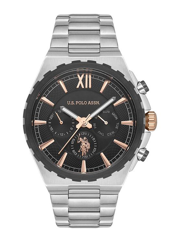Polo Beverlly Hills Analog Wrist Watch for Men with Stainless Steel Band, Water Resistant and Chronograph, USPA1030-05, Silver-Black
