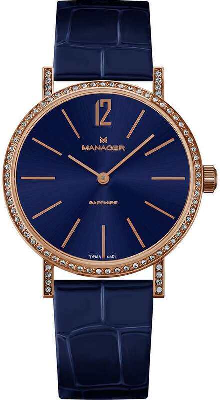 

Manager Analog Watch for Women with Leather Genuine Band, MAN-PA-08-RL, Navy Blue-Blue