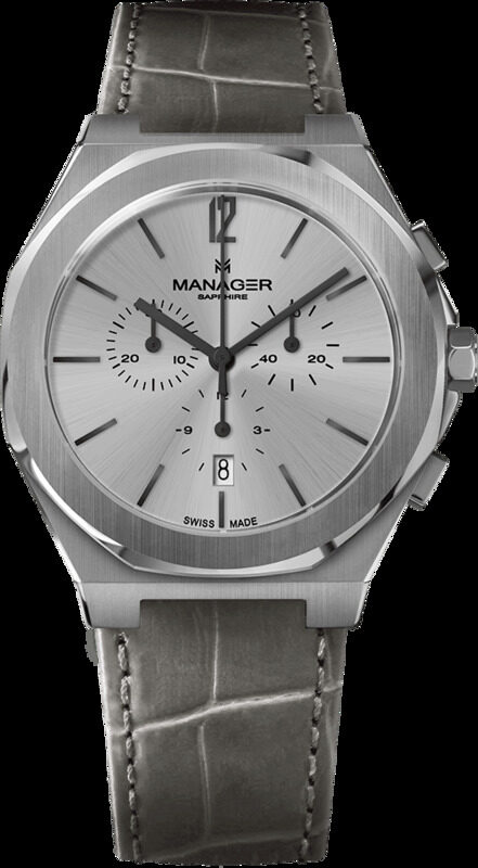 

Manager Analog Watch for Men with Leather Genuine Band, MAN-RS-04-SL, Grey-Silver