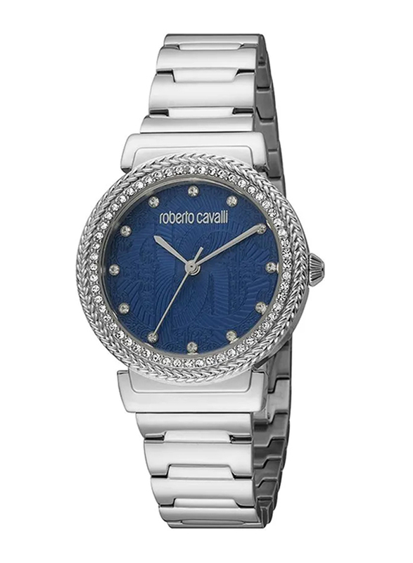 Roberto Cavalli Glam Analog Watch for Women with Stainless Steel Band, Water Resistant, RC5L039M0045, Silver-Blue