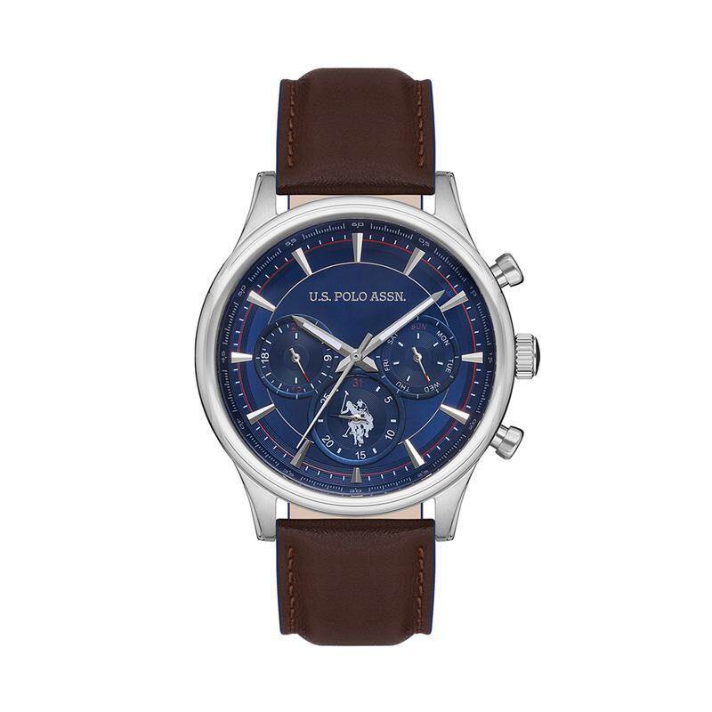 

US Polo Assn. Analog Watch for Men with Leather Band, Water Resistant and Chronograph, Uspa1010-05, Brown-Blue