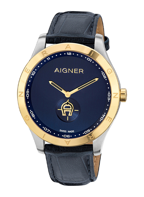 Aigner Analog Watch for Men with Leather Band, Water Resistant, ARWGA2100403, Black-Blue