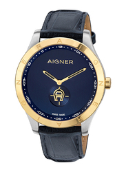 Aigner Analog Watch for Men with Leather Band, Water Resistant, ARWGA2100403, Black-Blue
