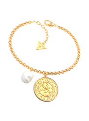 Guess Metal Coin Pearl Charm Bracelet for Women with Pearl, UBB79152, Gold
