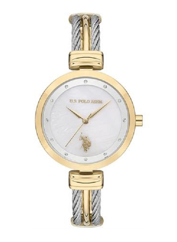 US Polo Assn. Analog Watch for Women with Stainless Steel Band, Water Resistant, USPA2029-05, White-Gold/Grey