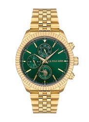 US Polo Assn. Analog Watch for Men with Stainless Steel Band, Water Resistant and Chronograph, Uspa1054-05, Gold-Green