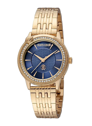Roberto Cavalli Dettaglio Analog Watch for Women with Stainless Steel Band, Water Resistant, RC5L037M0075, Gold/Blue