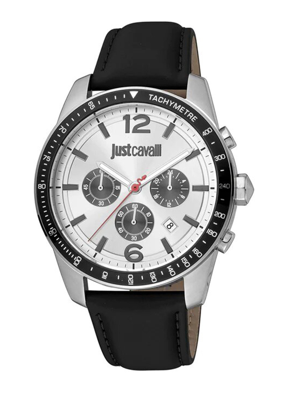 Just Cavalli Analog Watch for Men with Leather Band, Water Resistant and Chronograph, JC1G204L0015, Black-Silver