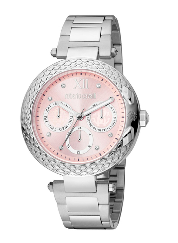 Roberto Cavalli Analog Watch for Women with Stainless Steel Band, Water Resistant and Chronograph, Silver-Pink