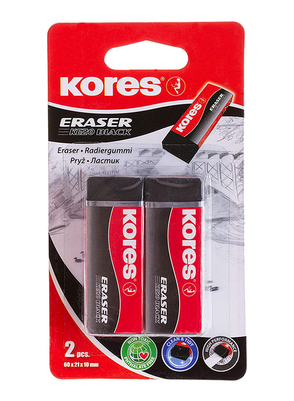 Kores 2-Piece KE-20 Paper Sleeved PVC Eraser, Black