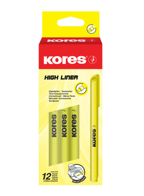 Kores 12-Piece High Liner Fine Chisel Tip Highlighter Pens, Yellow