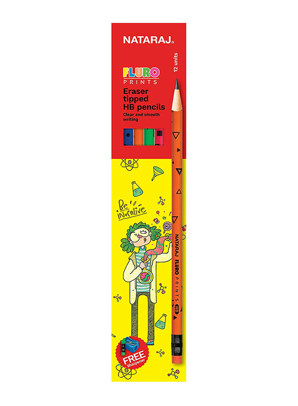 ناتاراج طقم أقلام رصاص مستدير بطبعة فلورو من 12 قطعة برأس ممحاة، متعدد الألوان