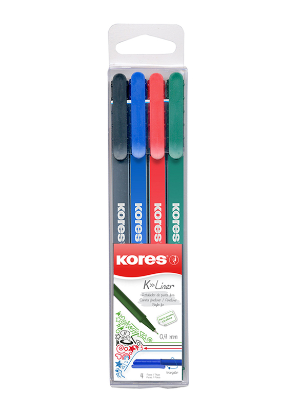 Kores 4-Piece K-Liner Fineliner with Metal-Clad Tip, 0.4mm, Multicolour