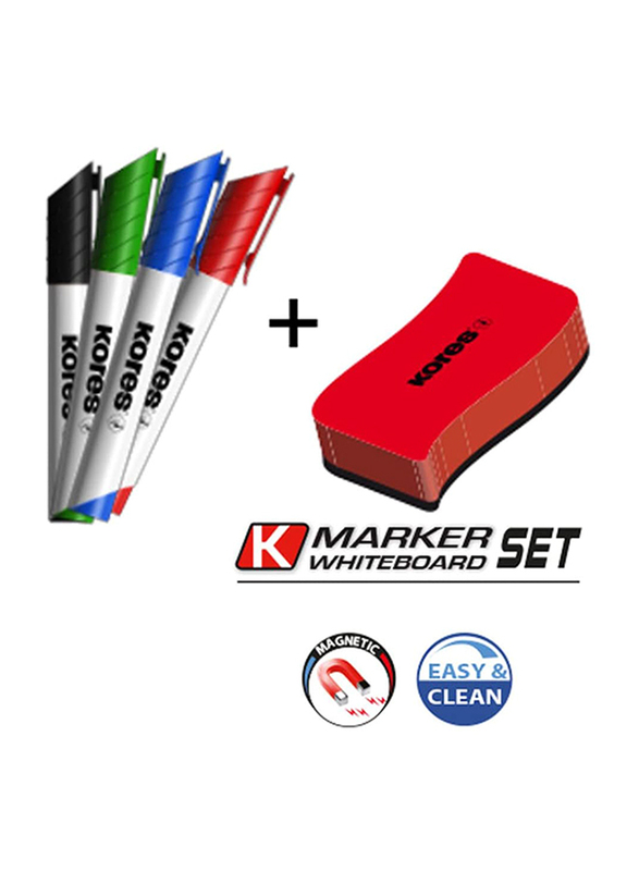 Kores 4-Piece K-Marker XW1 Whiteboard Marker Set with Magnetic Eraser/Bullet Tip, Multicolour