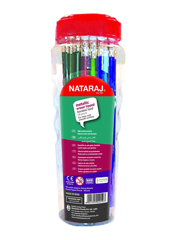 Nataraj 48-Piece Metallic Hex HB Pencil Set with Rubber in Jar, Multicolour