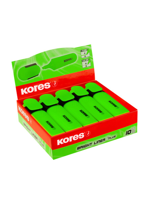 Kores 10-Piece Bright Liner Highlighter Pen with 0.5-5mm Chisel Tip, Green