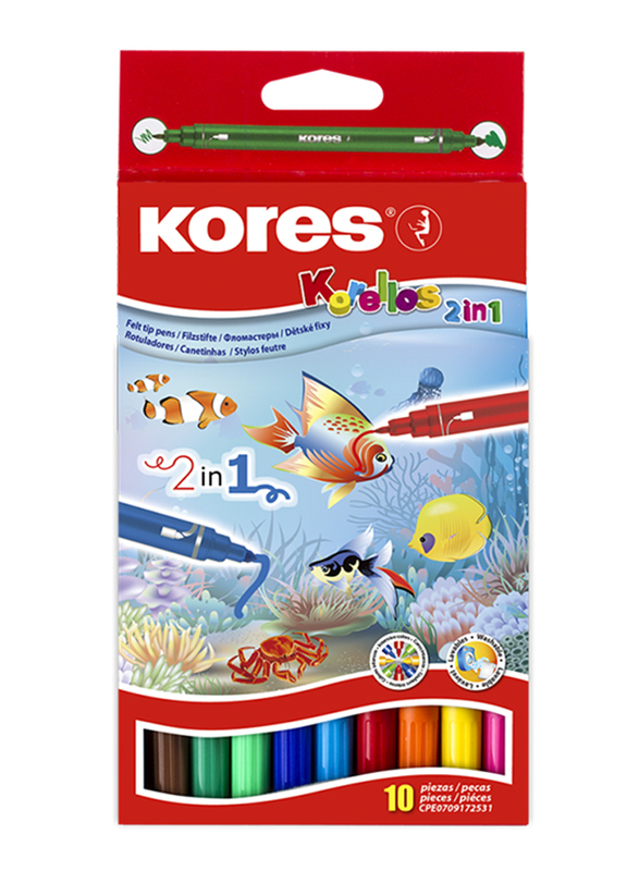 Kores Korellos 2-in-1 Fibre Felt Double Ended Tip Pen, 10 Piece, Multicolour
