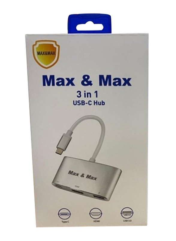 Max & Max 3-in-1 USB Type-C Hub, HDMI Adapter, USB Port and USB 3.0, Grey